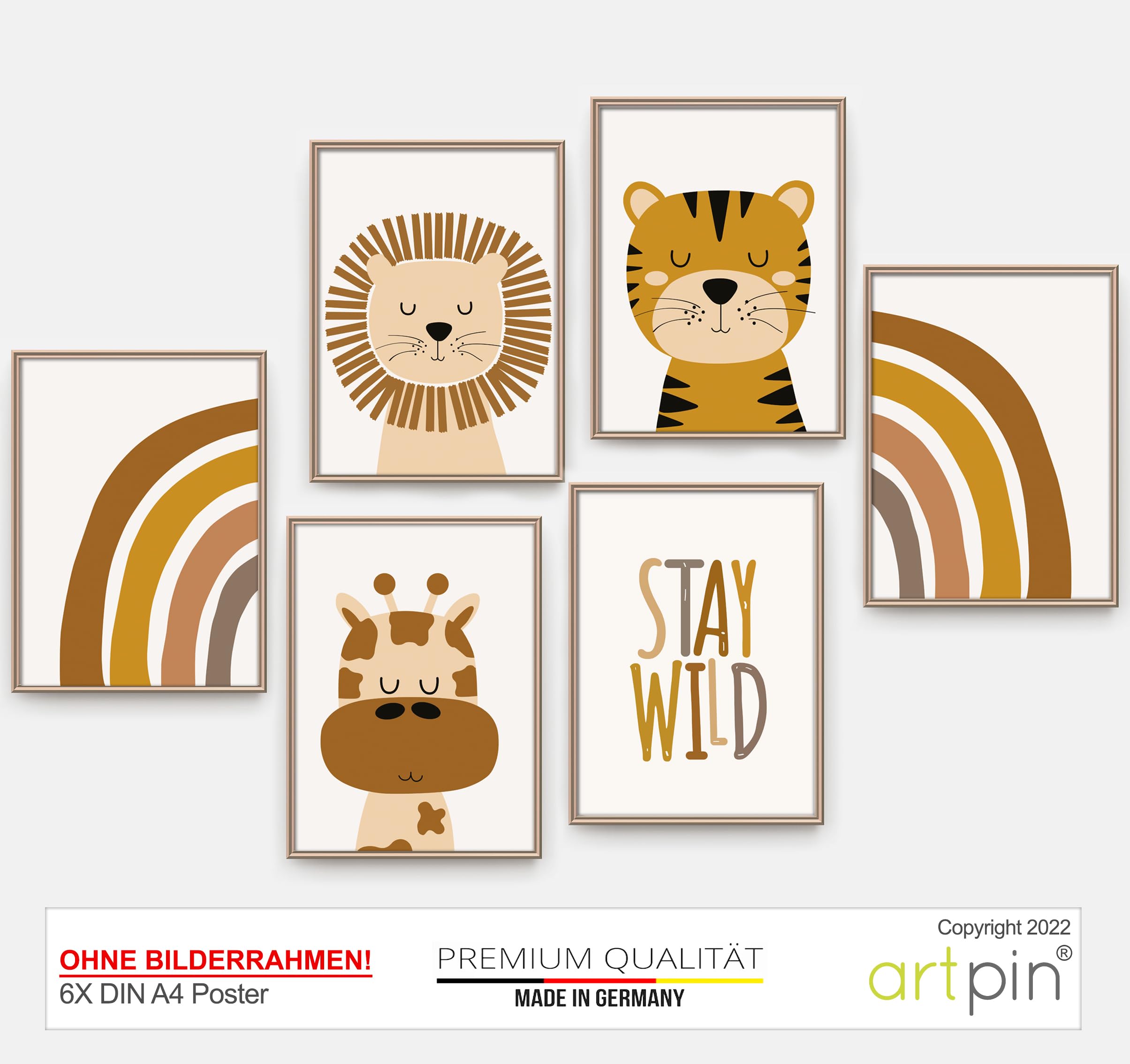 artpin® Poster Kinderzimmer, 6er Set Bilder Babyzimmer, Boho Safari Regenbogen A4 (K2)