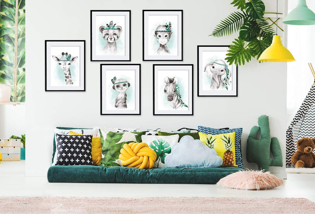 artpin® 6er Set Bilder Kinderzimmer Jungen Mädchen in Mint Grau Feder - Poster Wald Dschungel Babyzimmer Indianer Tiere P62