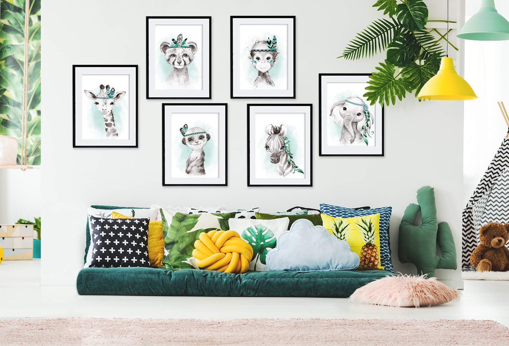 artpin® 6er Set Bilder Kinderzimmer Jungen Mädchen in Mint Grau Feder - Poster Wald Dschungel Babyzimmer Indianer Tiere P62