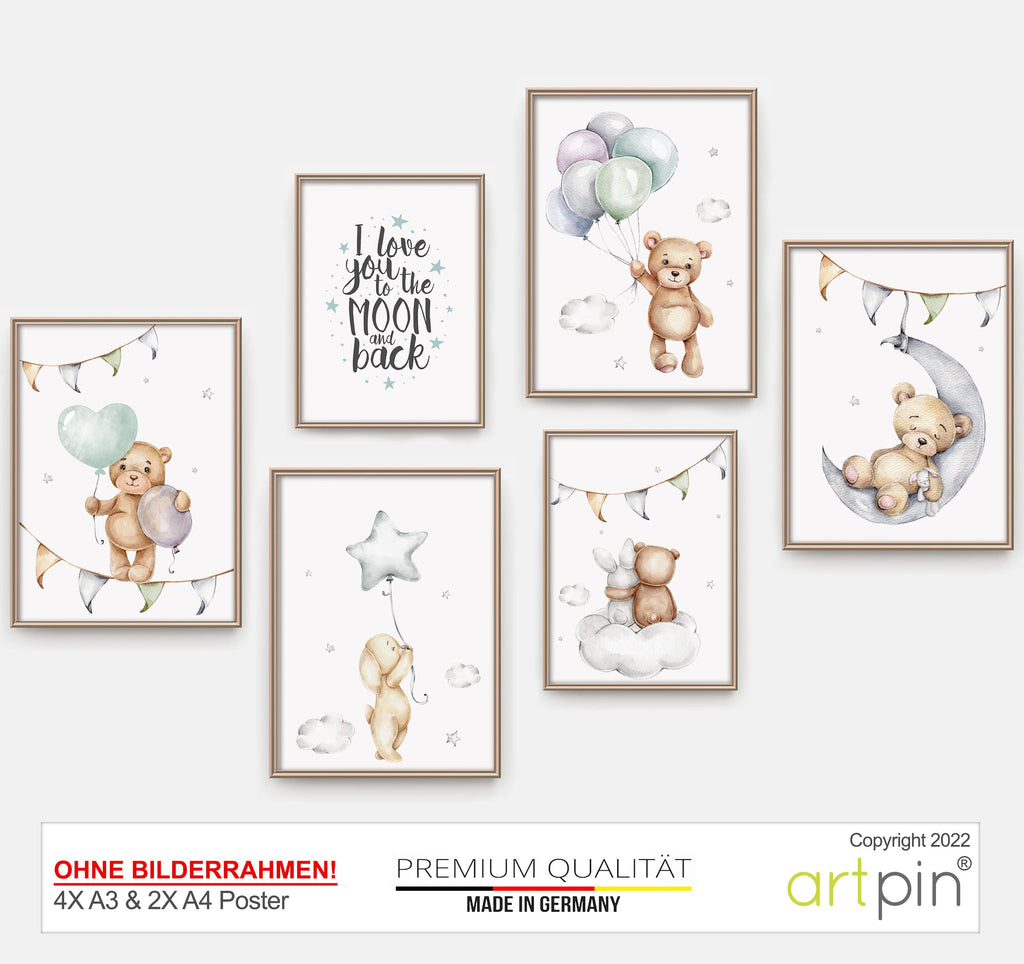 artpin® Poster Set DIN A3 Bilder Kinderzimmer Deko Mädchen Junge - Babyzimmer Bilderwand 4x A3 & 2x A4