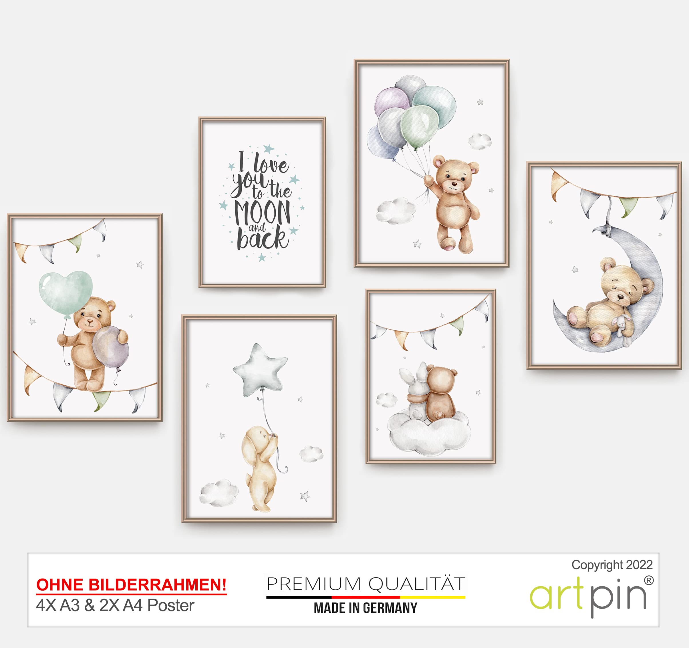 artpin® Poster Set DIN A3 Bilder Kinderzimmer Deko Mädchen Junge - Babyzimmer Bilderwand 4x A3 & 2x A4