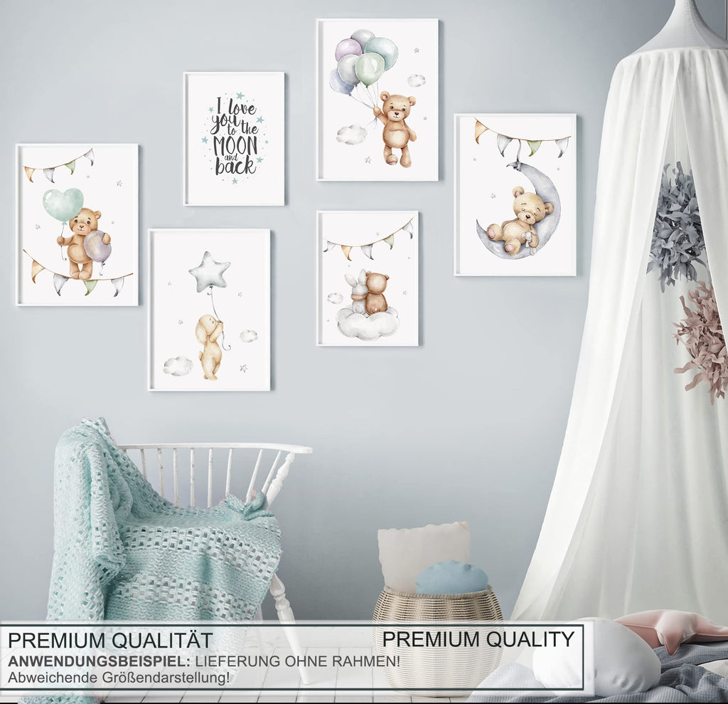 artpin® Poster Set DIN A3 Bilder Kinderzimmer Deko Mädchen Junge - Babyzimmer Bilderwand 4x A3 & 2x A4
