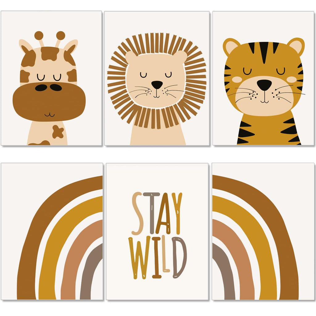 artpin® Poster Kinderzimmer, 6er Set Bilder Babyzimmer, Boho Safari Regenbogen A4 (K2)