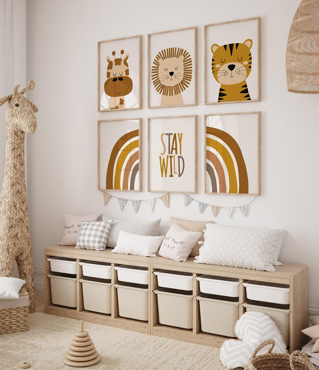 artpin® Poster Kinderzimmer, 6er Set Bilder Babyzimmer, Boho Safari Regenbogen A4 (K2)