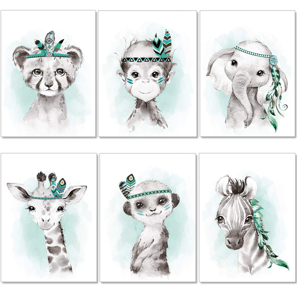 artpin® 6er Set Bilder Kinderzimmer Jungen Mädchen in Mint Grau Feder - Poster Wald Dschungel Babyzimmer Indianer Tiere P62