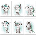 artpin® 6er Set Bilder Kinderzimmer Jungen Mädchen in Mint Grau Feder - Poster Wald Dschungel Babyzimmer Indianer Tiere P62