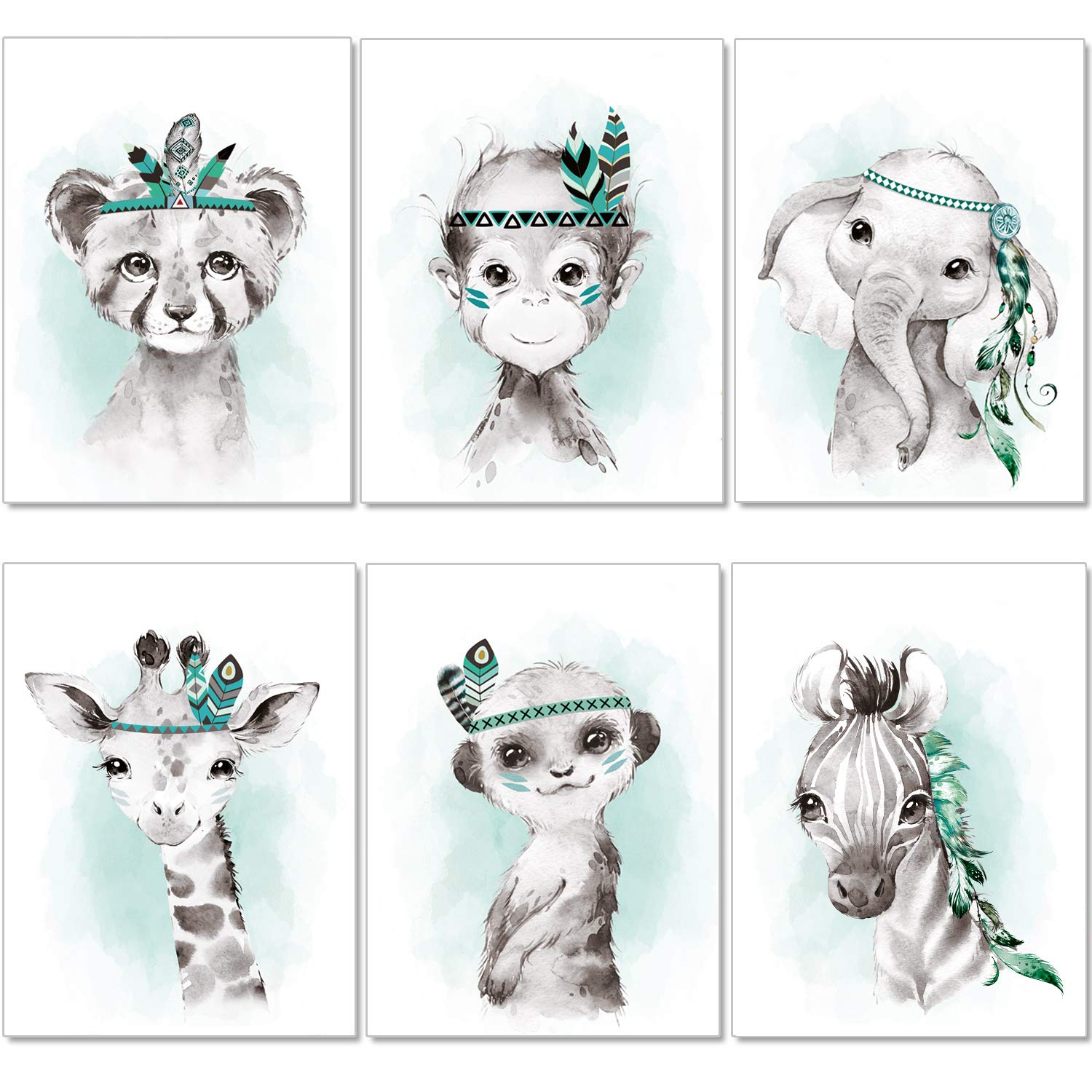 artpin® 6er Set Bilder Kinderzimmer Jungen Mädchen in Mint Grau Feder - Poster Wald Dschungel Babyzimmer Indianer Tiere P62