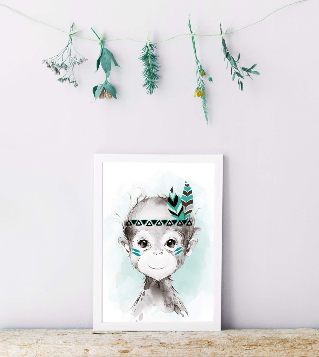 artpin® 6er Set Bilder Kinderzimmer Jungen Mädchen in Mint Grau Feder - Poster Wald Dschungel Babyzimmer Indianer Tiere P62