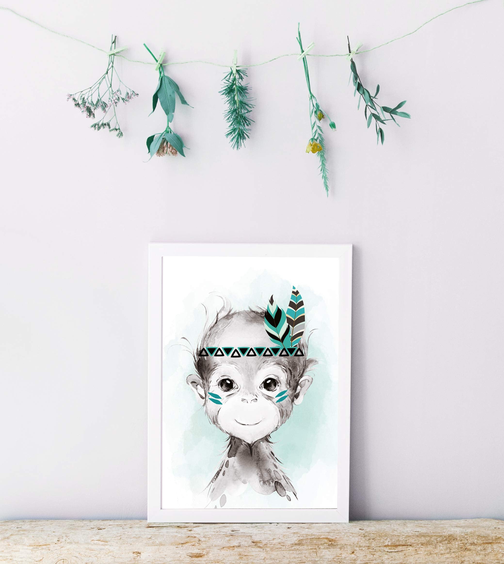 artpin® 6er Set Bilder Kinderzimmer Jungen Mädchen in Mint Grau Feder - Poster Wald Dschungel Babyzimmer Indianer Tiere P62
