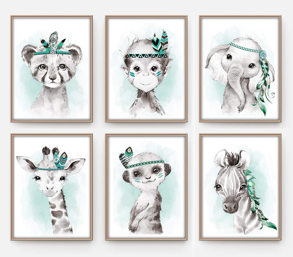 artpin® 6er Set Bilder Kinderzimmer Jungen Mädchen in Mint Grau Feder - Poster Wald Dschungel Babyzimmer Indianer Tiere P62