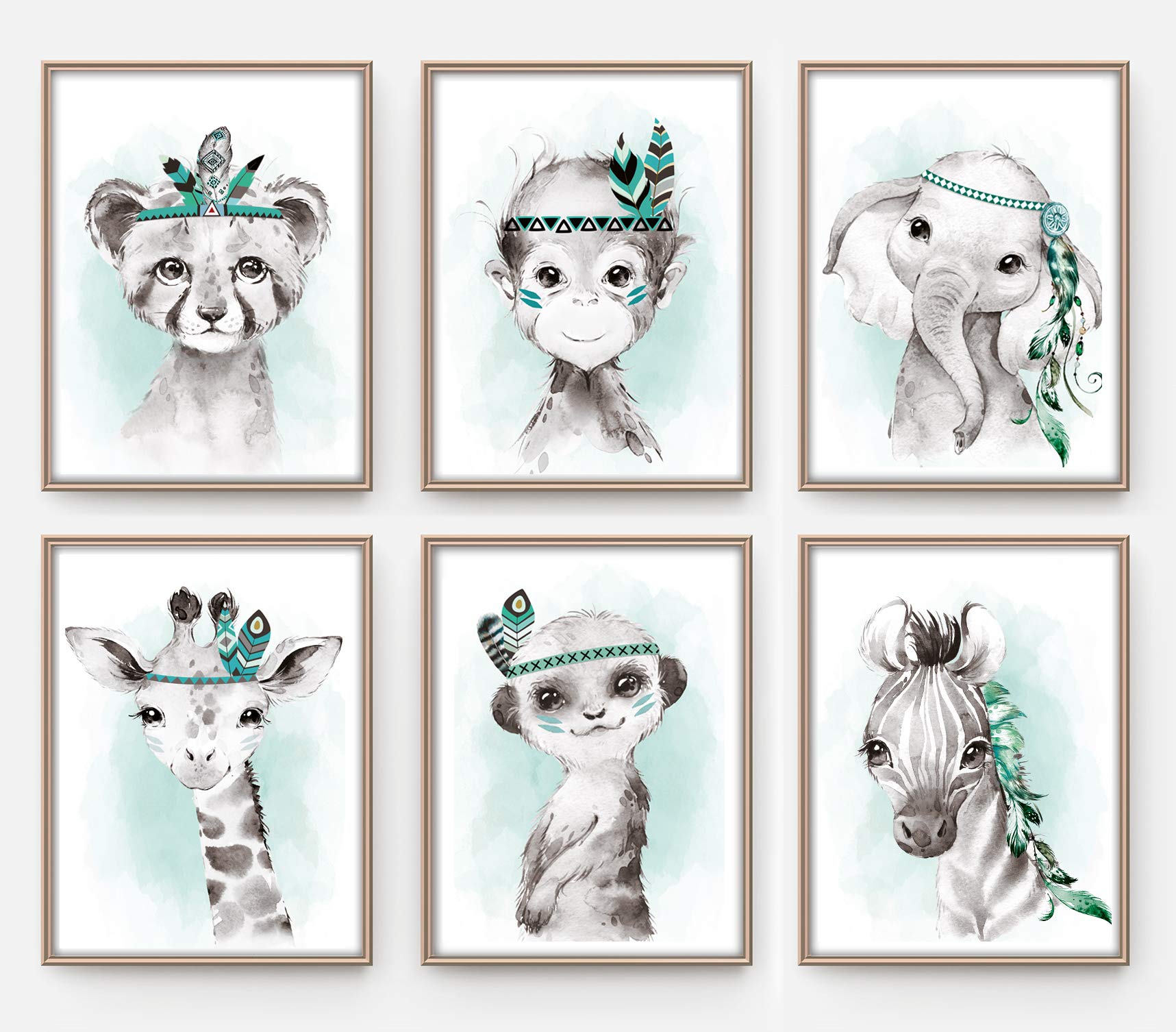 artpin® 6er Set Bilder Kinderzimmer Jungen Mädchen in Mint Grau Feder - Poster Wald Dschungel Babyzimmer Indianer Tiere P62