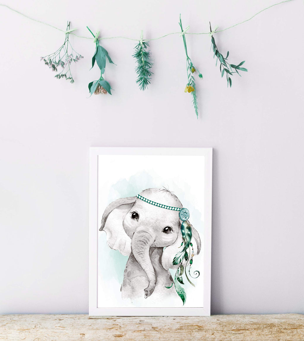 artpin® 6er Set Bilder Kinderzimmer Jungen Mädchen in Mint Grau Feder - Poster Wald Dschungel Babyzimmer Indianer Tiere P62