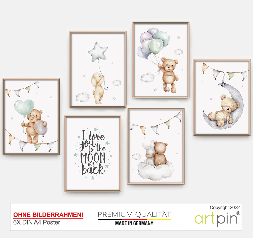 artpin® 8er Set Poster Kinderzimmer - A4 Bilder Babyzimmer - Deko Mädchen Junge