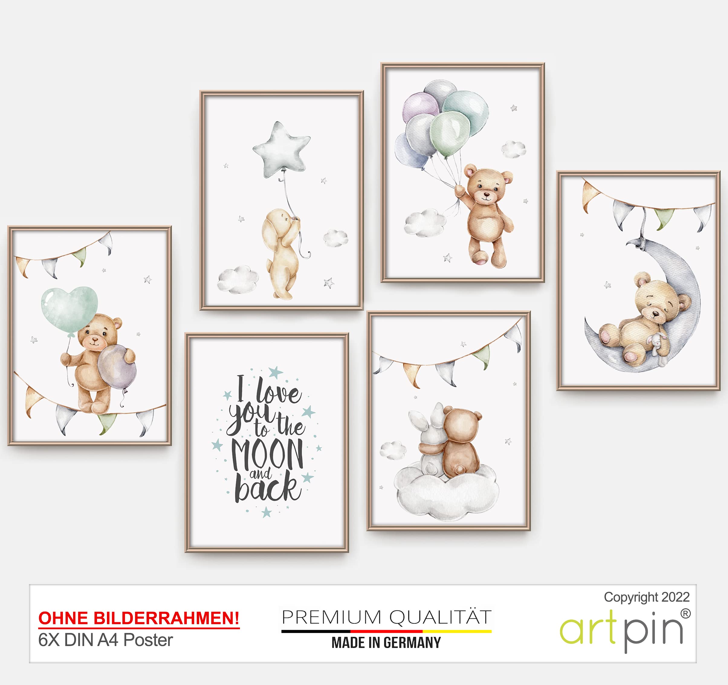 artpin® 8er Set Poster Kinderzimmer - A4 Bilder Babyzimmer - Deko Mädchen Junge