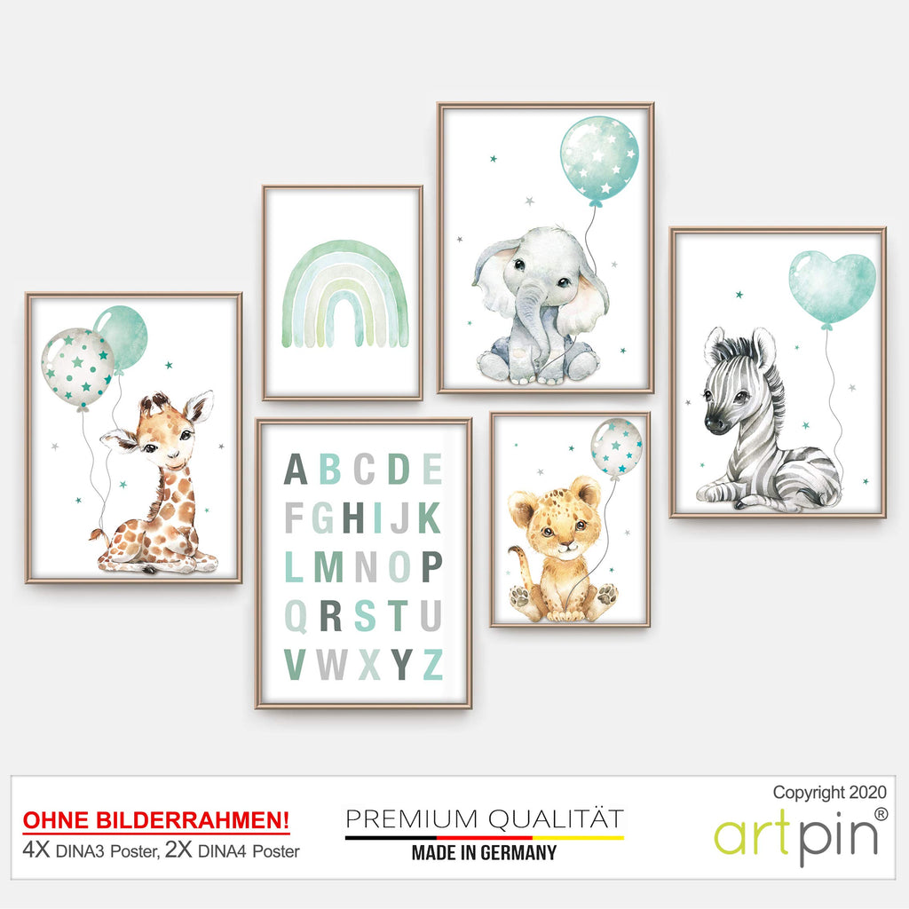 artpin® Poster Set DIN A3 Bilder Kinderzimmer Deko Mädchen Junge - Babyzimmer Bilderwand 4x A3 & 2x A4
