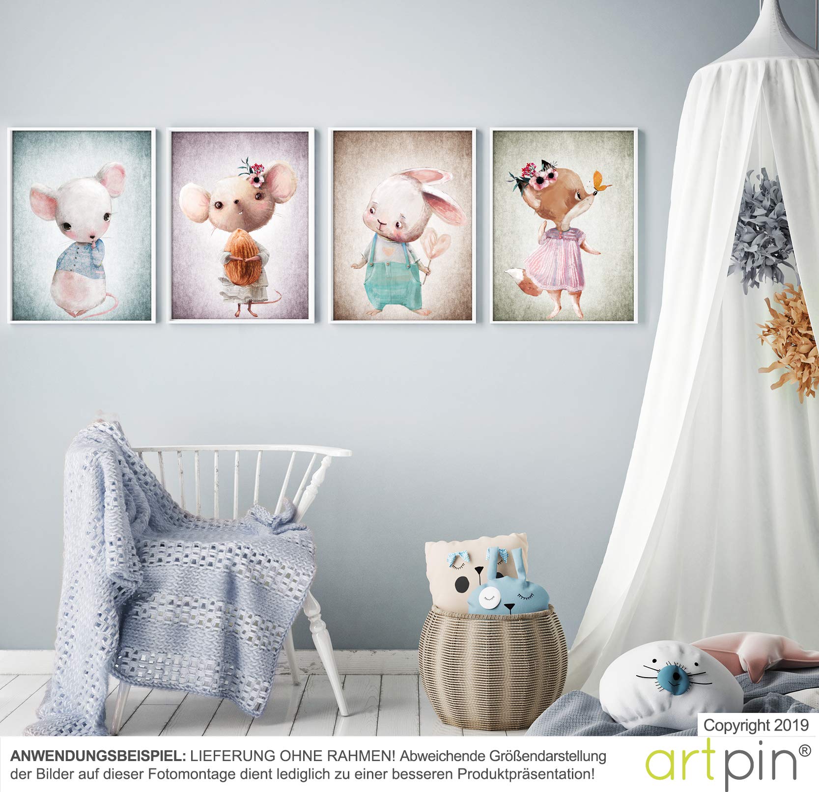 artpin® 4er Set Bilder Kinderzimmer - A4 Poster Babyzimmer - Maus Fuchs Hase pastellfarben Deko Mädchen Junge P56