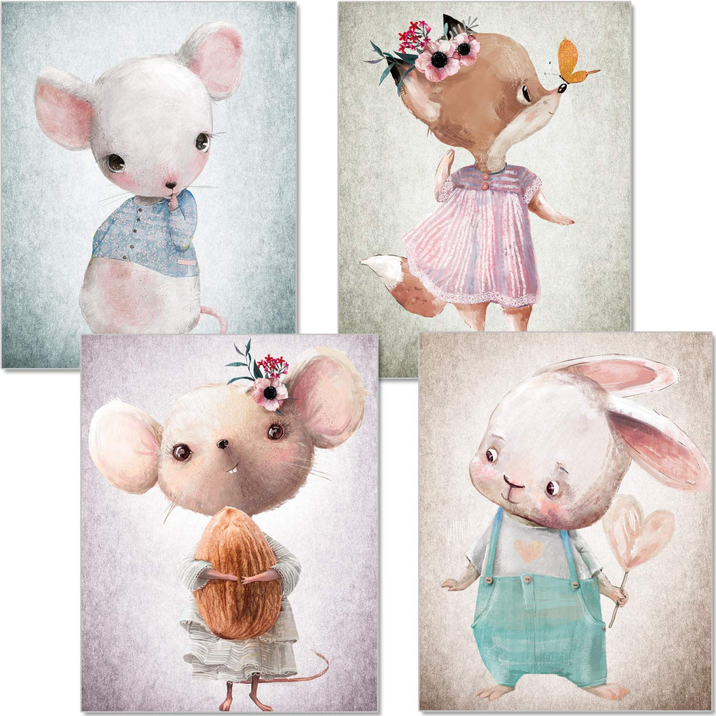 artpin® 4er Set Bilder Kinderzimmer - A4 Poster Babyzimmer - Maus Fuchs Hase pastellfarben Deko Mädchen Junge P56